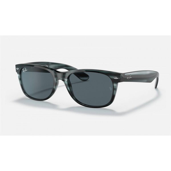 Ray Ban New Wayfarer Color Mix Low Bridge Fit RB2132 Sunglasses Classic + Striped Blue Frame Blue Classic Lens